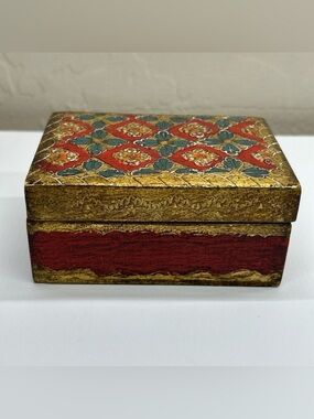 Italian Wooden Trinket Box Gold Leaf Teal & Red Hinged Lid Vintage